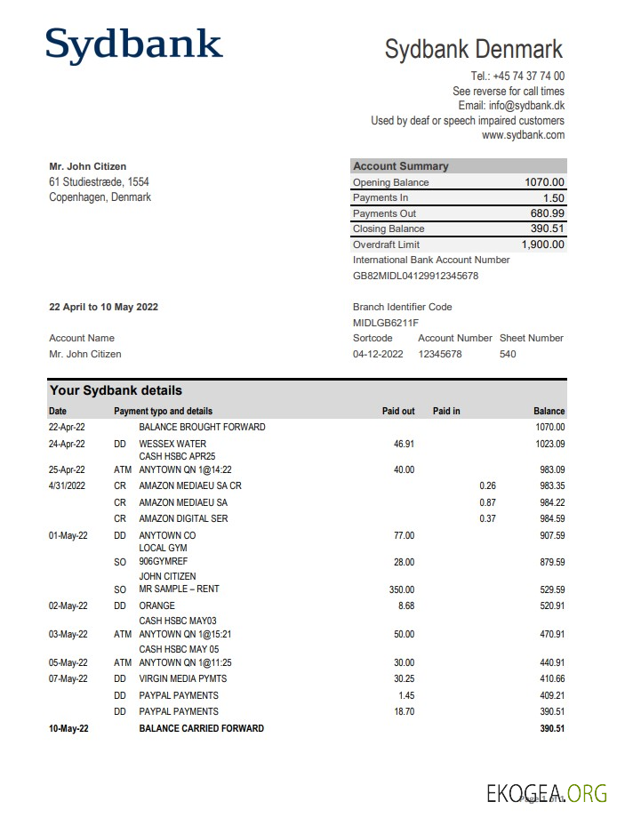 Danemark Relevé de Sydbank xls